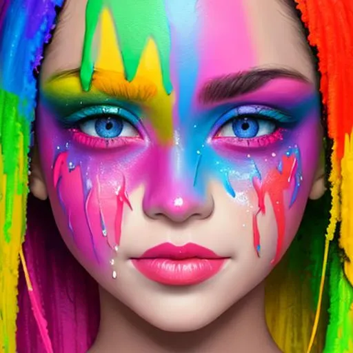 Prompt: face dripping  paint in rainbow colors, facial closeup