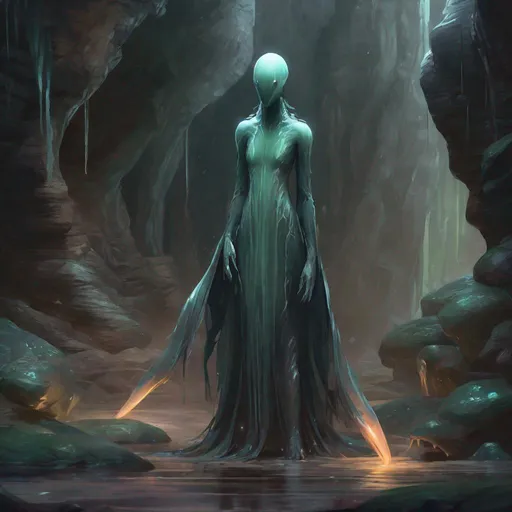 Prompt: {{{{{{{Gelatinous slime Body}}}}}}}, Full Body Skin, Slime grey Body, humanoid claws, slender lizard tail, {{no facial features}}, {no face},{{{no eyes}}}, floating psionic daggers around, fantasy setting, cave background