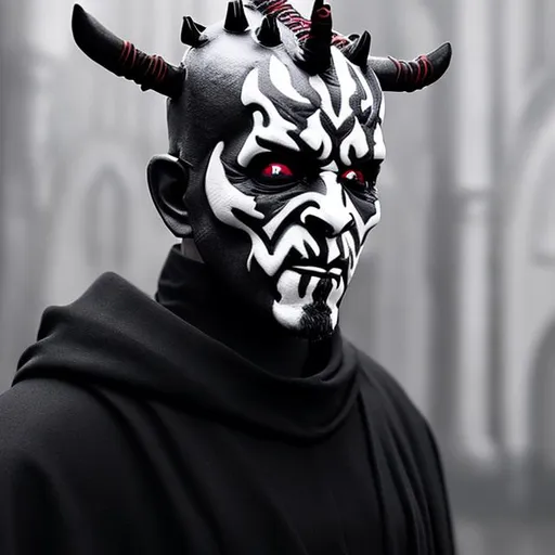 Prompt: monochrome, darth maul, priest, black robe, thick armored neck rings, long neck,