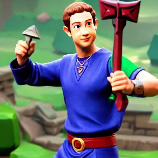 Prompt: 1998 photorealistic tloz Zuckerberg retro Video game Box art cgi 3D render portrait of ((Mark Zuckerberg)) cosplaying as Link holding a master sword and wearing a green link outfit from The Legend of Zelda: Orcarina of Time (1998) for Nintendo 64