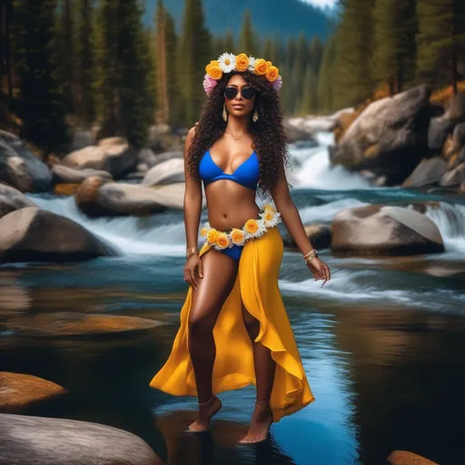 Prompt: HDR, UHD, 64k, An attractive black woman, with sunglasses, long curly hair, wearing a flower headband, pink and orange roses with white daisies and yellow flowers, dynamic pose, female warrior, wearing a bikini (blue, black, and gold), standing in a river, snowy mountain range, pine trees,