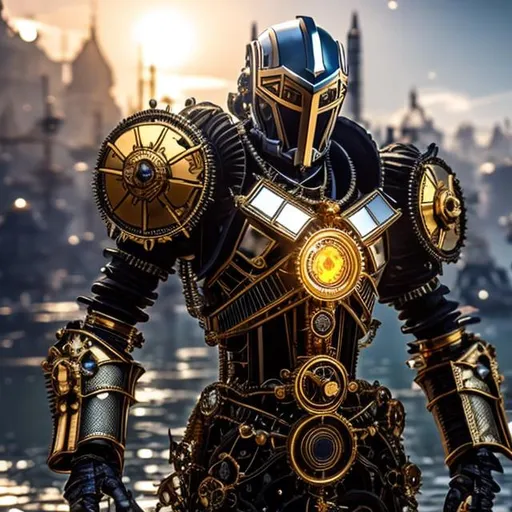Prompt: Steampunk Knight, black diamond armor shining, golden gears, cogs, machinery, and gadgets, beautiful, unreal engine 5, clear sunny background with grass and lakes, steampunk weaponry gold and black diamond sword and shield, hyper realistic, photo realistic, beautiful