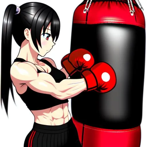 Prompt: Anime girl punching bag training gym muscle boxing punchingbag 