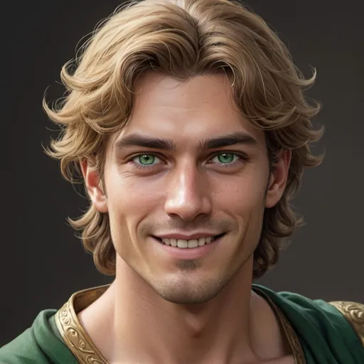 Prompt: hyper-realistic human male, Jaime grew into a tall, handsome man, with curled hair the color of beaten gold.He has flashing cat-green eyes, and a smile that cuts like a knife, fantasy character art, illustration, dnd, 