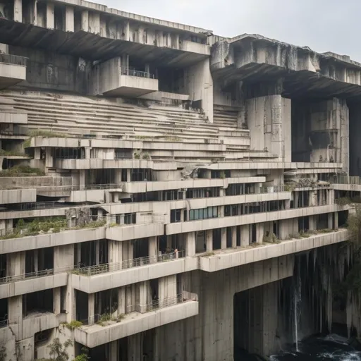 Prompt: a building on the edge of a waterfall, brutalist architecture