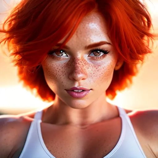 Prompt: {{reddish orange hair, freckles}}
{{woman, giant muscles, muscular woman, }}

perfect face, perfect body, photorealistic, hyperrealistic, photograph, 22mm lens, 4k, soft lighting, 