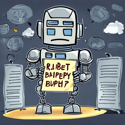 Prompt: Robot holding an empty banner, flipchart in the back, comic style