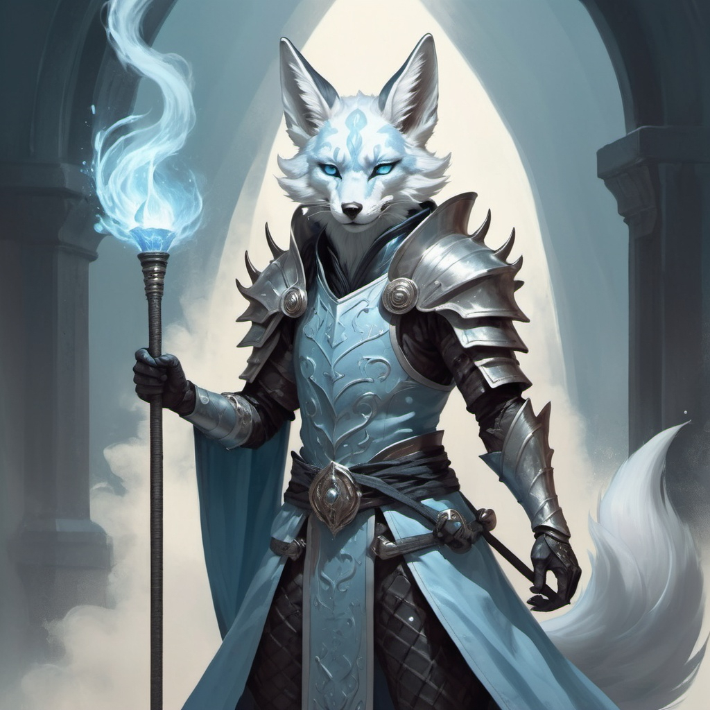 A slender humanoid kitsune in the stylish armor of a...