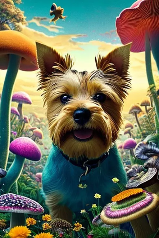 Prompt: ((Australian terrier dog)), Serotonin Trigger, bathed in warm, Golden light, the islands are covered in giant flowers and mushroom-like trees, and strange creatures fly and crawl around them, the sky is filled with abstract shapes, as if painted by a glitchy algorithm, the overall mood is dreamy, Peaceful, and slightly trippy, as if it could trigger a serotonin high, Highly detailed, Stylized, digital painting in the likes of dali, magritte, and bosch, trending on artstation and deviantart