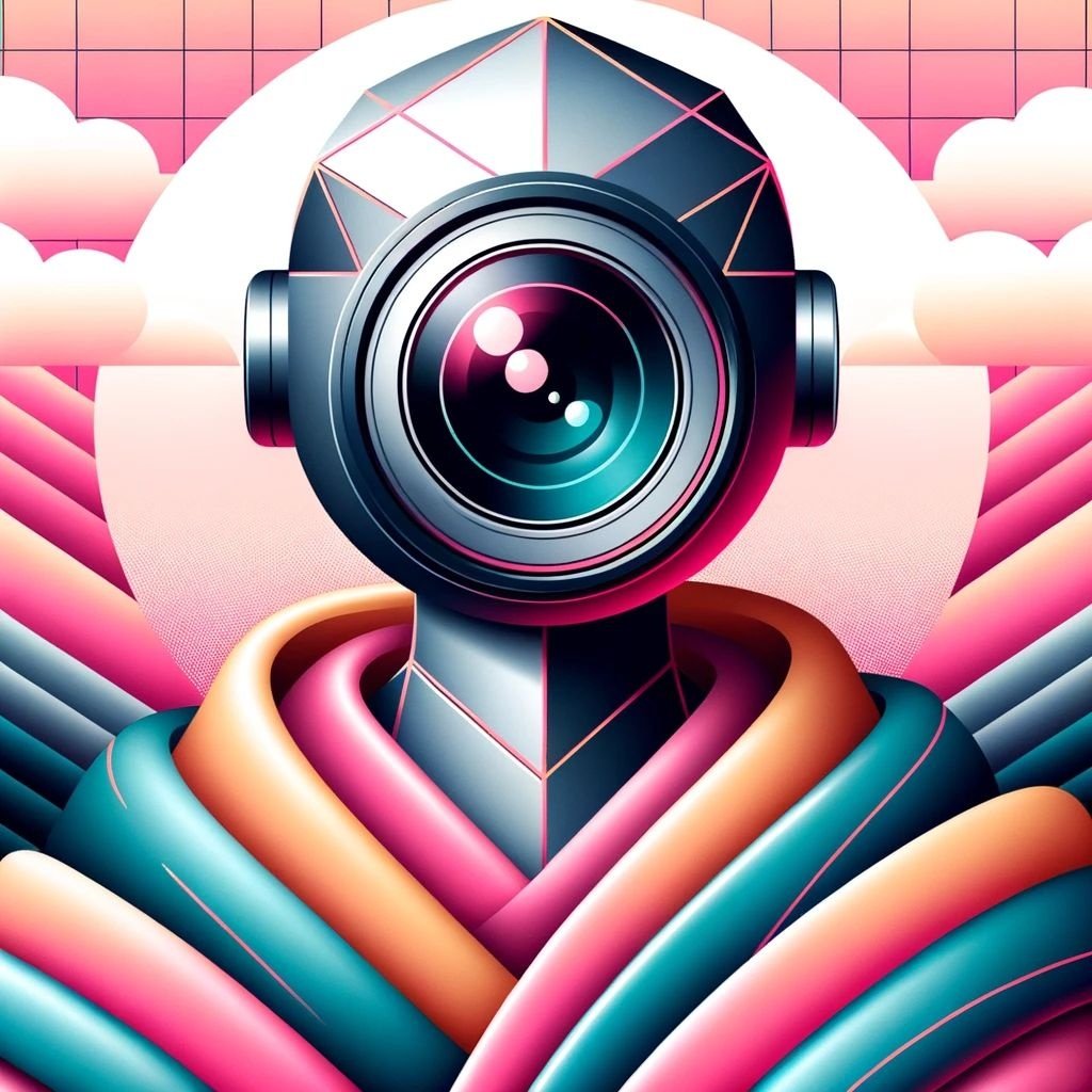 Prompt: Illustration of a sleek robot wearing a colorful garment inspired by soft geometry, with a camera lens eye, under a pink and white neon sky.