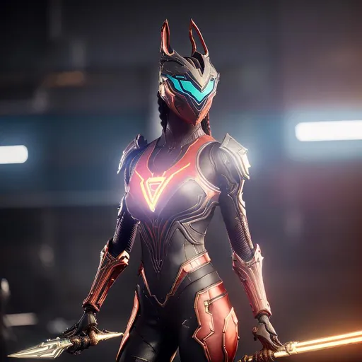 Prompt: Valkyr Warframe, cyberpunk, masterpiece, realistic, red and gold neon, 8K