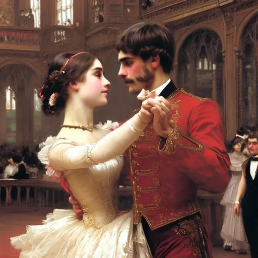 Prompt:  Waltz dance 1880 couple, close up, {background castle}, super detailed, 8k, high quality, sharp focus, real skin, cheeks red, transparent, intricate details, highly detailed, oil painting by William Waterhouse 