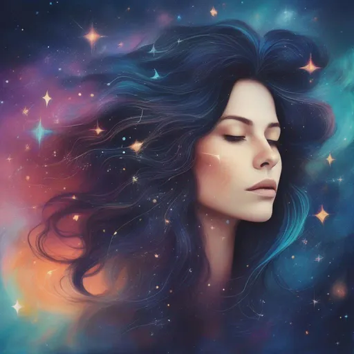 Prompt: A beautiful, mysterious and colourful woman with magical hair themed after constellations in a painted profile picture