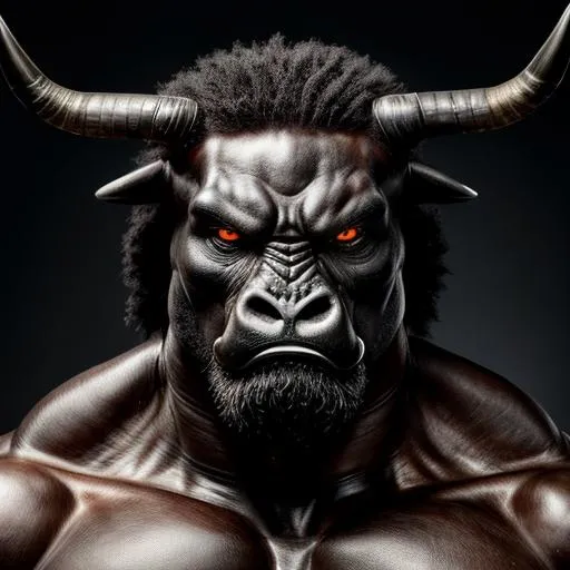 Prompt: humanoid black bull, ultra musculated, very strong, furious epression, red eyes, oil painting, UHD, 8k, Very detailed, cinematic, realistic, photoreal, trending on artstation, sharp focus, studio photo, intricate details