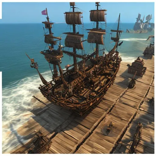 Prompt: Imagine a scene of A pirate ship navigating the AARRR framework with waves representing each stage.