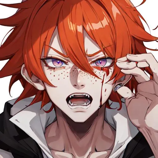 Prompt: Erikku male adult (short ginger hair, freckles, right eye blue left eye purple) UHD, 8K, Highly detailed, insane detail, best quality, high quality, covered in blood, covering his face with his hand, wide eyes, insane, fear, threatening, laughing, angry, fighting, psychopathic, anime style,