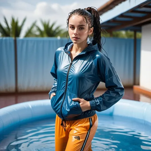 Prompt: photo of young woman, soaking wet clothes, nylon tracksuit pants, nylon tracksuit,  , standing in pool,   enjoying, water dripping from clothes, clothes stuck to body,  detailed textures of the wet fabric, wet face, wet plastered hair,  wet, drenched, professional, high-quality details, full body view 