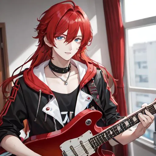 Prompt: Zerif 1boy (Red side-swept hair covering his right eye) as a young adult, guitarist in a band UHD, 8K, highly detailed, 