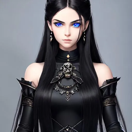 Prompt: An insanely beautiful girl around 17 years old. wearing black skull earrings. holding a sharp dagger in one hand. perfect anatomy, symmetrically perfect face. beautiful deep blue eyes. beautiful long black wavy hair. hyper realistic. no extra limbs or hands or fingers or legs or arms.