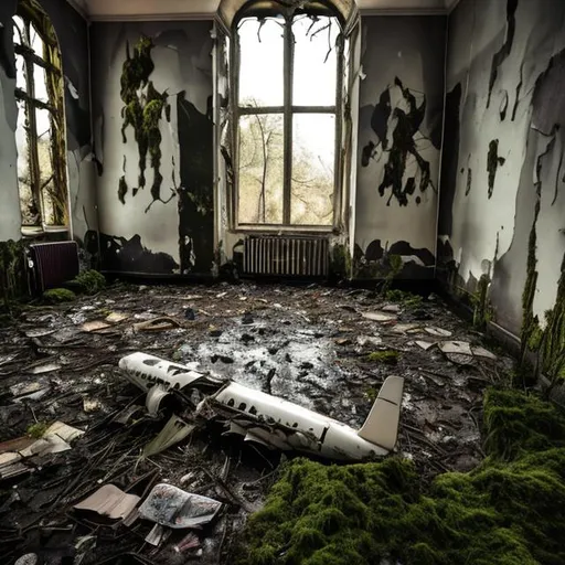 Prompt: Airplane crash into enchanted abandoned orphanage nearby a riverbank that is filled with mud. A literature of moss and mess on the floor inside of the abandoned orphanage.


