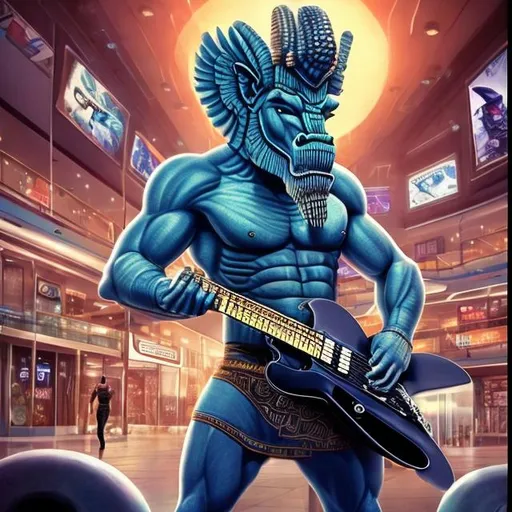 Prompt: Bodybuilding Assyrian Lamassu playing guitar for tips in a busy alien mall, widescreen, infinity vanishing point, galaxy background