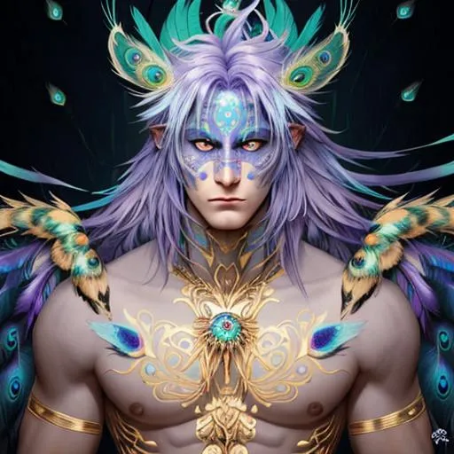 Prompt: Harpy. He has blue and purple feathers on his face and his hair is made of peacock feathers. He has large wings. 