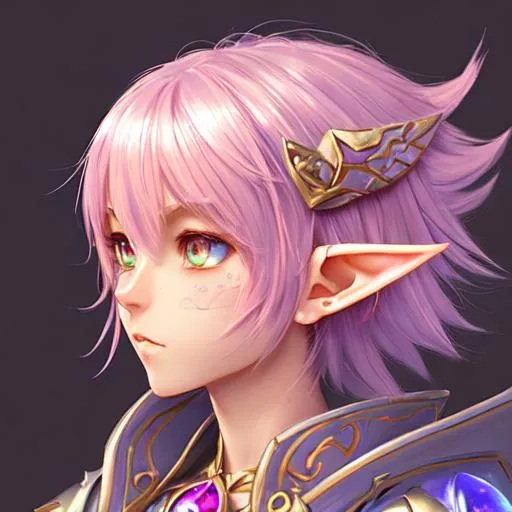 Prompt: female astral elf oath of wile Paladin character concept art and illustration by akihiko yoshida, style of pixar, amazing detailed face closeup, short wolf haircut pink hair, big beautiful eyes swirl with iridescent colors, wearing traveler's clothes, action, madhouse and kyoani character face, cute, pretty girl, portrait, pixiv, artstation, spectacular details, Volumetric Lighting, Dramatic lighting