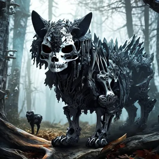 Prompt: Cute, black, white bones, skeleton cat with cat skull head, cat made of bones and rotting flesh, possessing the element of death and making bones and bone pieces move around in the air in a magical way. Perfect features, extremely detailed, realistic, complimentary colors, dark forest background, realistic cat