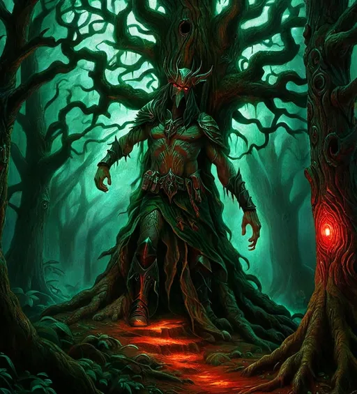 Prompt: Warhammer fantasy RPG style walking tree, highly detailed illustration, oil painting, dark and ominous atmosphere, intricate bark textures, haunting red and green hues, mystical forest setting, piercing glowing eyes, ancient and weathered appearance, best quality, highly detailed, oil painting, fantasy, dark atmosphere, intricate textures, mystical forest, glowing eyes, ancient appearance, haunting colors, professional, dramatic lighting