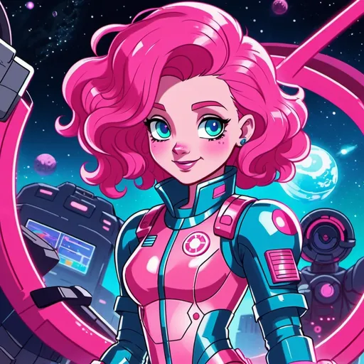 Prompt: cyberpunk equestria girls pinkie pie with pink skin wearing space suit