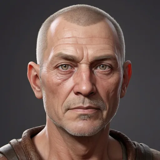 Prompt: hyper-realistic 60 year old human male, he has an oval face, he has beige skin, He has grey eyes, He has chestnut colored hair but he as a buzz cut, he has a large scar across his right eye, he has a skinny face,  fantasy character art, illustration, dnd,