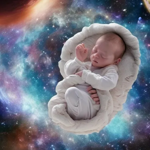 Prompt: a baby in space in the fetal position sleeping in the arms of god 

