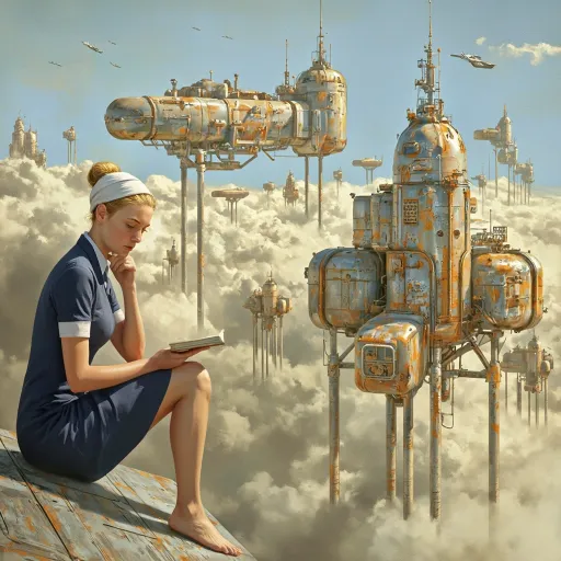 Prompt: This is a digital painting in a realistic, gritty, science fiction style with natural proportions and detailed facial features.
The central subject is a blonde woman with her hair tied in a bun, wearing a white headband and a navy blue, short-sleeved, form-fitting dress in the style of a flight attendant that ends just above her knees. She is sitting with her legs crossed, barefoot, and holding a closed book in her left hand while resting her chin on her right hand. Her expression is contemplative as she gazes downward.
The background features a futuristic, cityscape filled with numerous, metallic columns and beams that stretch up from below the clouds, supporting futuristic industrial buildings of varying sizes, futuristic oblong and oval shapes. The buildings are colored with varying grimy metallic-industrial hues, all with intricate details such as windows, antennas, and small, lit areas creating a crowded, chaotic sky-scape.
The buildings are each individually supported, held up above the clouds, by metallic beams and columns that stretch downward into and below the clouds. These structures are surrounded by a layer of dirty industrial-smog tinged clouds. Several small futuristic aircraft are flying in the distance. The sky is light blue, contrasting with the dirty color of the clouds adding a sense of depth and vastness to the scene.
The woman is seated to one side of the image, on a metallic ledge overlooking the cloud-city with visible structural beams and a slight texture, indicating it might be part of a larger aircraft or platform. The overall color palette is dominated by industrial metallic tones and palette offset by the contrasting cool blue of the sky, creating a serene yet futuristic atmosphere. The attention to detail and realistic rendering give the painting a sense of realism within a fantastical setting.