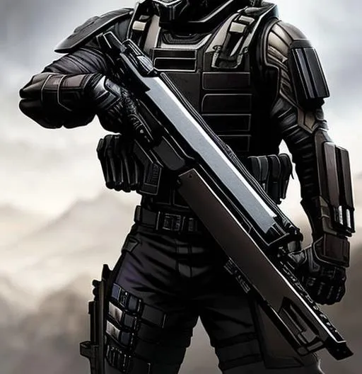 Prompt: A man with shaved up fade, wearing a broken odst helmet, symmetrical, Military combat uniform, asian eyes, staring in the distance, anime style, Realistic proportions, death note, sniper mask, highrise Invasion