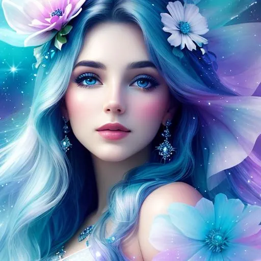 Prompt: pretty girl, ethereal,dreamscape, cosmos, pale blue colors,closeup