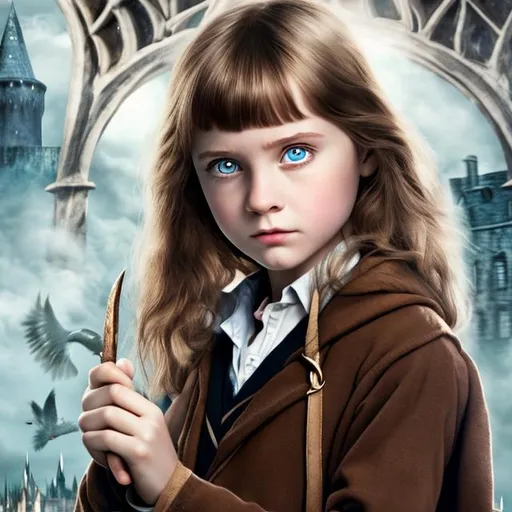 Prompt: young wizarding girl have blue eyes and brown hair