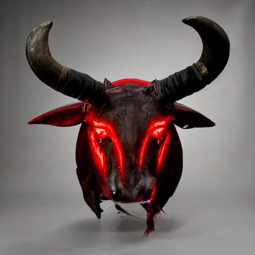 Prompt: minotaur, demon, big rams horns, many horns, black and red armor