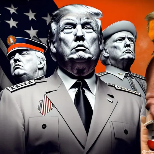 Prompt: Creepy Fascist dictator Donald Trump, Orange Mussolini in Uniform, stars and stripes, detailed realistic style  