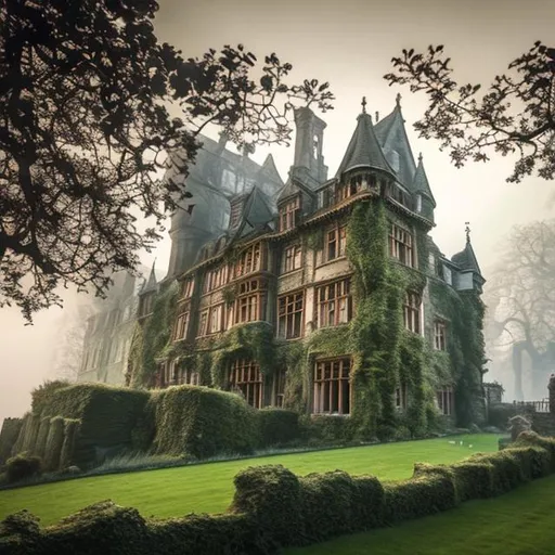Prompt: Write a detailed and evocative description of an ancient, weathered manor nestled at the heart of a mist-shrouded countryside. Depict the manor's imposing architecture, with its towering turrets, ivy-covered stone walls, and grand entrance adorned with ornate carvings. Convey the sense of history that clings to every corner, from the centuries-old oak trees in the courtyard to the time-worn cobblestone path leading to the front door. Describe the manor's interior, highlighting its opulent yet faded grandeur, with dimly lit, sprawling halls adorned with antique portraits, dusty chandeliers, and creaking floorboards. Explore the mysterious aura that surrounds the manor, hinting at forgotten secrets and ghostly echoes of its past