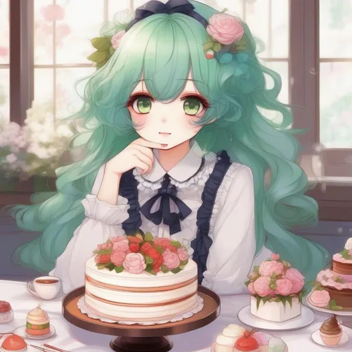 Prompt:   anime girl manhwa style cute and pretty, with eye pretty detailed,  slide of cake , with green hair, Bright style, Wear glasses , Lolita 