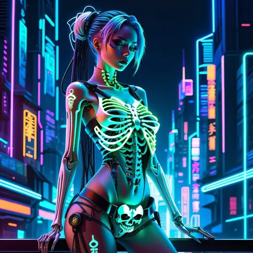 Prompt: Full body view anime illustration of a cyberpunk goddess lady of the dead in skeleton form, detailed skeletal features, sleek and futuristic design, glowing neon cyberpunk cityscape in the background, intense and mystical aura, high-quality, ultra-detailed, anime, cyberpunk, skeletal features, futuristic design, glowing neon, intense aura, full body view, professional, atmospheric lighting