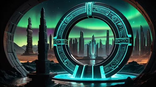 Prompt: magical portal between cities realms worlds kingdoms, circular portal, ring standing on edge, upright ring, freestanding ring, hieroglyphs on ring, complete ring, ancient aztec architecture, atlantis city plaza setting, aurora borealis, panoramic view, dark night, futuristic cyberpunk tech-noir setting