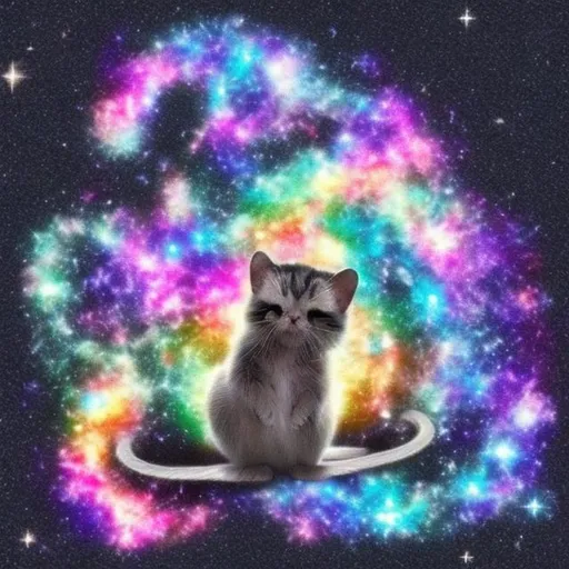 Prompt: A galaxy that resembles a cat playing with a mouse. Please use only 3 colors.