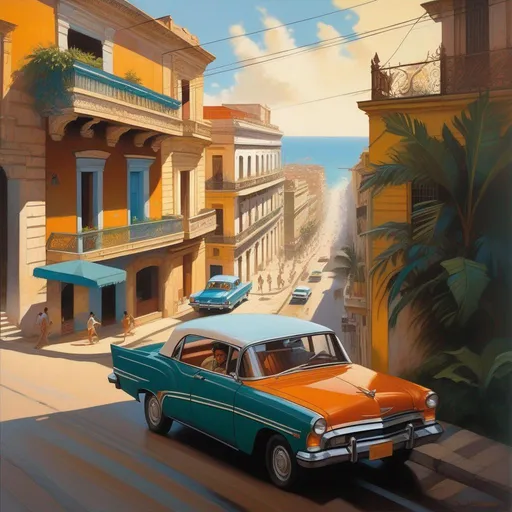 Prompt: 1970s, Havana, car chase, sunny weather, warm atmosphere, cartoony style, extremely detailed painting by Greg Rutkowski and by Henry Justice Ford and by Steve Henderson