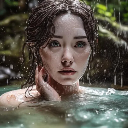 Prompt: (extremely detailed) (masterpiece) (very sharp) (8K) (best quality)(ultra realistic) woman taking bath into hot spring, waterfall background, nature, forest, relaxing,highly delaited face, centered,detailed eyes focus, asthetic, posing, extremely detailed body, fine photoshoot, depth of field.