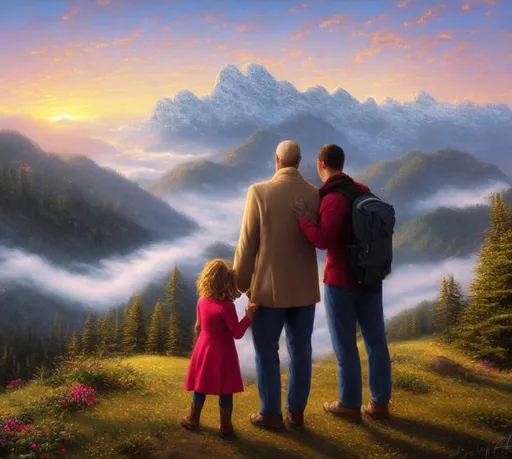 Prompt: Digita Portrait of a daddy showing the mountains at the end of the paceful landscape to his daughter and his son, Over the shoulder point of view, sunset, mist, Pastels artwork, Overcast LIGHT, dim LIGHTING, UHD, HDR, highly detailed, hyperrealistic,  digital painting by Artgerm, Thomas Kinkade, Raphael Lacoste, , unreal engine 