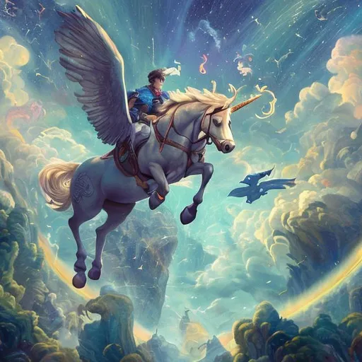 Prompt: A guy named Jonathan flying on a majestic unicorn on a rainbow with rainy weather and asgard in the background