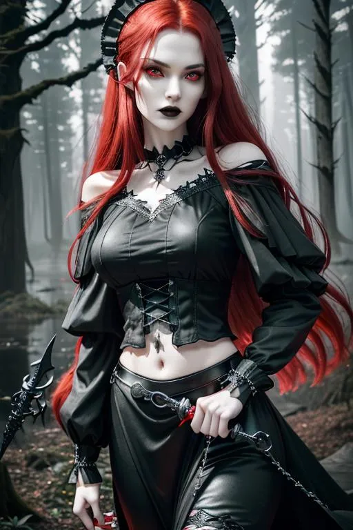 Prompt: Gorgeous perfectly detailed facial features, long legs, sumptuous perfect body, ultra pale, visible midriff, random pose, gothic fantasy, close-up portrait, 

gloomy forest lake, with a dagger in her hand, in a long black gothic dress, long flowing red hair, large reflective red eyes, well dressed, wandering lights, wind, lightning, moonlight, ominous red moon, surreal, symmetrical, intricate details, high detail, 

perfect studio lighting, perfect shading, Professional Photo Realistic Image, RAW, artstation, splash style dark fractal paint, contour, hyper detailed, intricately detailed, unreal engine, fantastical, intricate detail, steam screen, complimentary colors, fantasy concept art, 64k resolution, deviantart masterpiece, splash arts, ultra details, Ultra realistic, hi res, UHD, complete 3D rendering.
