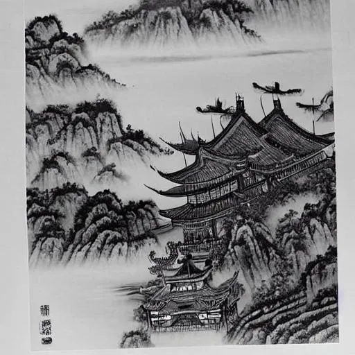 Prompt: Chinese ancient temple, fantasy, in black and white Chinese ink-wash painting. like Along the River During the Qingming Festival painting's style

