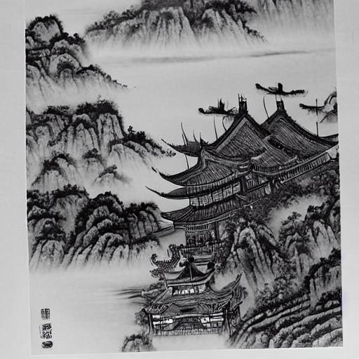 Chinese ancient temple, fantasy, in black and white...